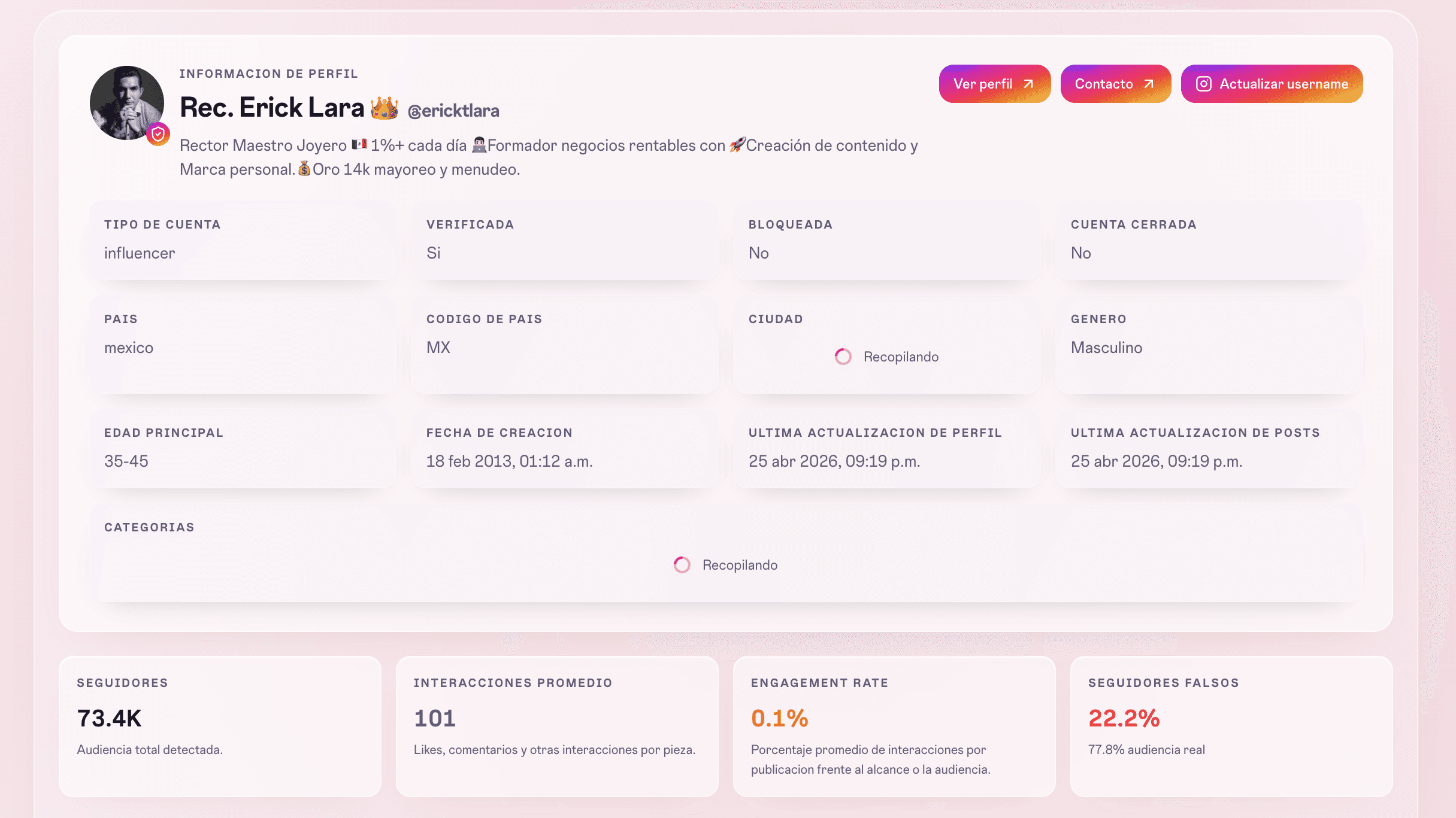 Dashboard de ReelBoost con perfil, score y diagnóstico semanal.